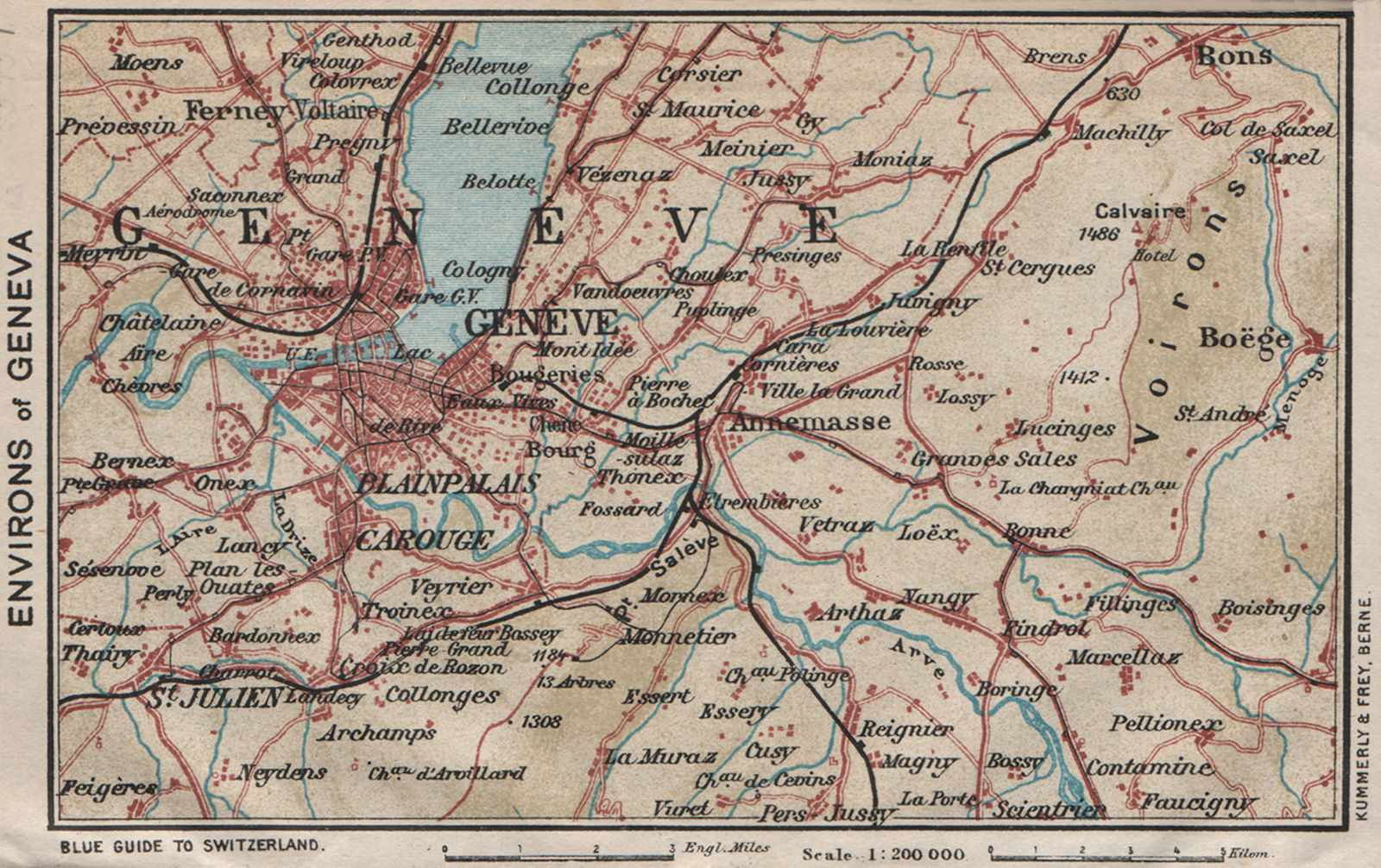 ENVIRONS OF GENEVA GENÈVE GENF. Vintage map plan. Switzerland 1930 old